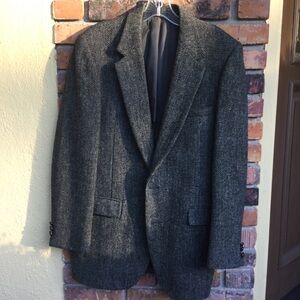 VTG Harris Tweed Wool Blazer Mens 40L Gray Herringbone 2-Button Sport Coat Retro